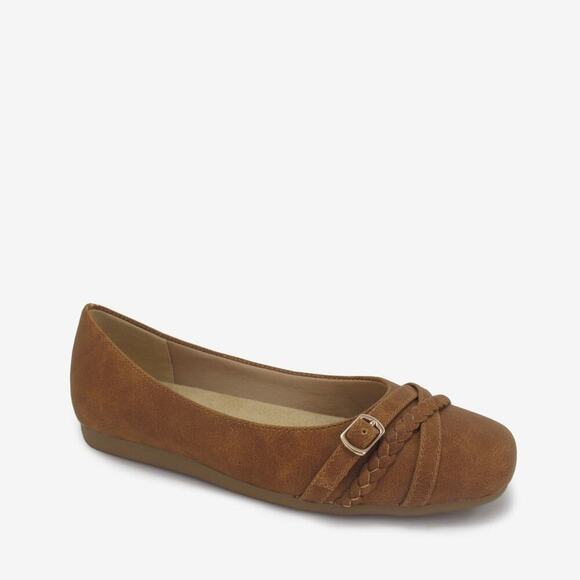 Jellypop Tan Vegan Leather Deliver Brown Round Toe Buckle Braided Strap Flats - Picture 1 of 7